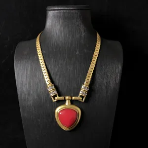 Vintage court style gold necklace with red triangular pendant for women retro elegant jewelry