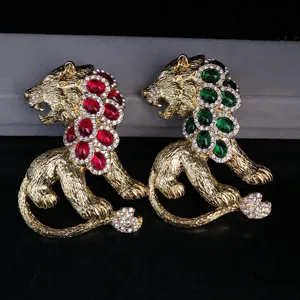 Vintage Retro Gold Plated Lion Brooch Pin With Colorful Glass Turquoise Rhinestones Fashion Jewelry For Women