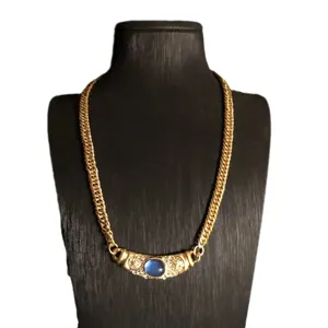 French retro gold-plated copper chain necklace with blue stone and dazzling rhinestones