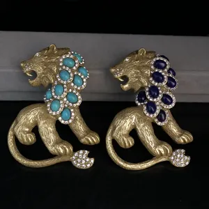 Vintage gold tone lion brooch set with rhinestones and turquoise lapis lazuli stones for women