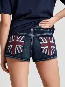 Donkere gewassen denim hotpants voor dames met Britse vlag op de achterzakken casual