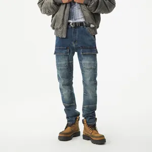 Jeans de Mezclilla de Motocicleta Vintage Retro para Hombre Corte Slim Pantalón Largo Cónico Multipolsillos Streetwear Moda Casual