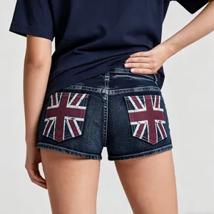 Dames Hoge Taille Denim Shorts Casual Slim Fit Zomer Hot Pants Met Union Jack Achterzak Print