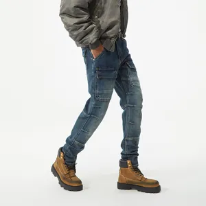 Vaqueros cargo de hombre vintage lavado slim fit pantalon moto con muchos bolsillos.