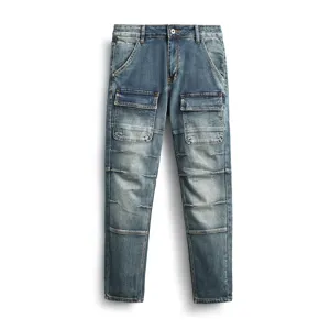 Vaqueros de mezclilla estilo biker para hombre con bolsillos cargo corte slim azul lavado
