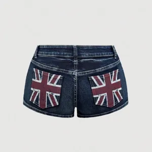 Dames hoge taille denim korte broek donkerblauw vintage union jack vlag achterzakken sexy hotpants