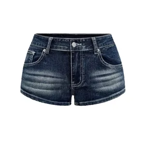Klassieke donkerblauwe denim shorts voor dames met gewassen details en stijlvolle pasvorm.