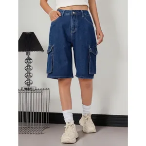 Shorts en Denim Rétro Américain pour Femmes Casual Taille Moyenne Jambe Droite Poches Cargo Été Basique Shorts en Denim
