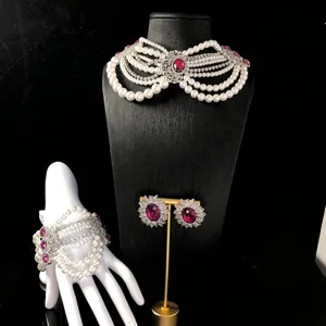 Vintage Multicapa Perla Artificial Collar Pulsera Diamante de Imitación Cristal Flor Pendientes Set de Joyería para Mujeres