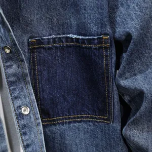 Men's retro cargo denim shirt casual long sleeve button up top vintage blue workwear