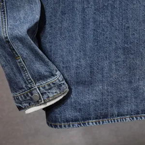 Men's winter fleece lined denim shirt casual retro workwear blue top sleeve detail