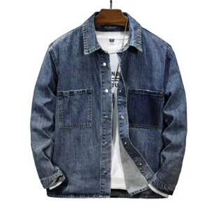 Vintage style men's denim shirt casual loose fit long sleeve streetwear blue top design