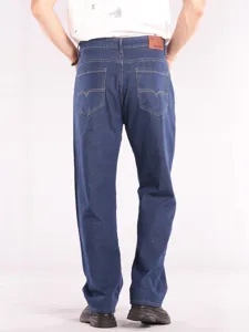 Detailed back view of mens plus size stretch loose straight leg denim jeans in blue color.