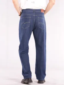Back view of plus size loose fit straight leg denim jeans showing pocket stitching details.