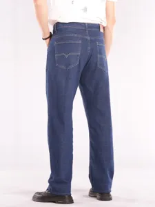 Men's plus size high-waist stretch denim jeans, loose straight leg casual trousers.