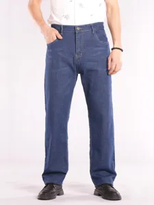 Men's plus size denim jeans detail, loose straight fit and high waist stretch design.