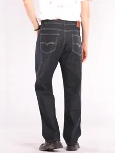Men's plus size high waist loose straight denim jeans casual dark blue classic trousers