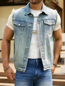 Men's light blue washed denim vest detail showing raw edge trim and classic metal buttons.
