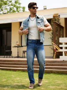 Men's casual light blue denim vest featuring raw edge design and sleeveless street style.