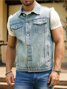 Men's light blue denim vest with raw edge sleeveless design, casual street style denim jacket.