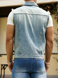 Men light blue denim vest casual sleeveless frayed jacket street style fashion outerwear