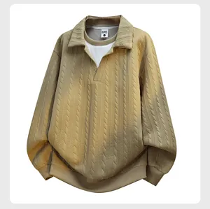 Detail shot of ribbed fake two-piece lapel sweatshirt, long sleeve loose pullover polo style.