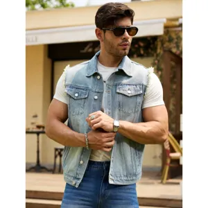 Men's light blue denim vest sleeveless jacket raw edge street style casual denim outerwear top