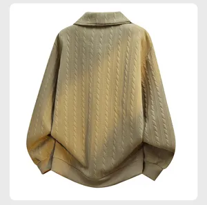 Men's casual long sleeve lapel sweatshirt in khaki with stylish cable knit texture for autumn wear.