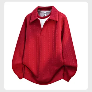 Men's American style fake two-piece lapel sweatshirt with cable knit texture, casual loose fit pullover.