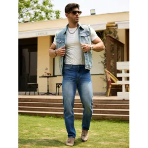 Men's casual sleeveless denim vest raw edge street fashion light blue denim jacket top