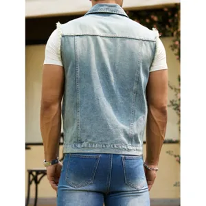 Herren Hellblaue Jeans Weste Raw Edge Ärmellose Jacke Streetwear Ansicht von hinten