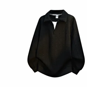 Men's American fake two-piece lapel sweatshirt casual black pullover polo shirt for men.