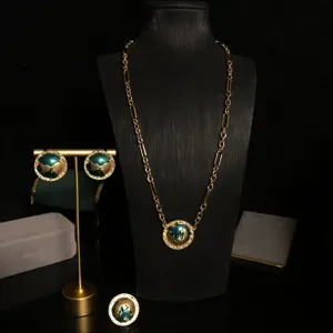 Exquisite Enamel Glaze Planet Pendant Necklace Earrings Ring Set Gold Plated Rhinestone Elegant Jewelry Set For Women