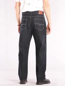 Plus size men's loose straight denim jeans, high waist dark blue casual trousers, detail view.
