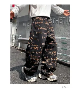 Pantalon en denim large imprimé graffiti streetwear noir style hip hop tendance
