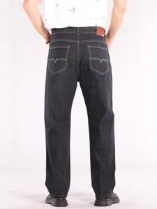 Men's loose straight denim jeans back view detail, showing pocket stitching and fit.