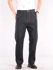 Men plus size high waist loose straight denim jeans casual comfortable trousers dark blue