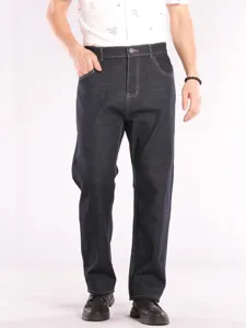 Plus size high waist denim jeans for men, loose straight leg fit, dark blue daily wear.