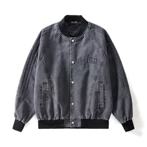 Giacca da Baseball in Denim Casual da Uomo Largo Ricamo di Lettere Collo Alto Bottone a Pressione Manica Lunga