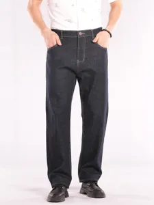 Details of men's dark blue straight-leg jeans, high waist design, premium denim fabric.