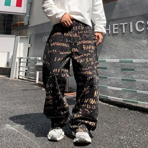 Men Casual Denim Jeans High Street Loose Straight Pants Vintage Letter Print Fashion Streetwear Denim Trousers Male