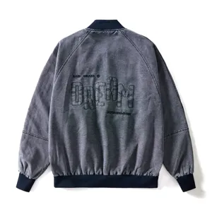 Giacca Bomber in Denim Grigio Scuro Uomo Casual Ampia Streetwear Primavera Capospalla