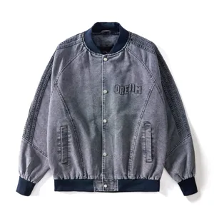 Giacca bomber in denim vintage da uomo, cappotto streetwear casual oversize con collo a coste.