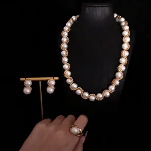 Vintage Cadena Trenzada Perla Artificial Collar Pendientes Anillo Conjunto Dorado Moda Joyería Regalo Para Mujeres