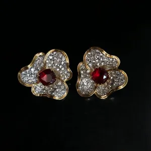 Boucles d'oreilles fleur strass cristal rouge ton or style vintage bijoux mode femme chic