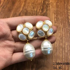 Exquisite floral mother-of-pearl drop earrings with baroque pearls for daily wear.