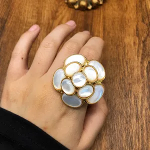 French vintage mother of pearl camellia flower ring adjustable size elegant luxury jewelry item