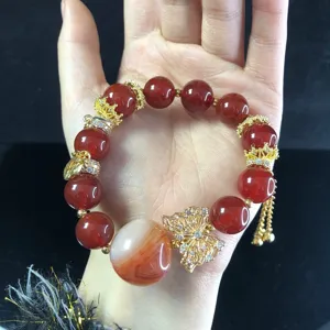 Red Agate Beaded Bracelet with Gold Butterfly Pendant and Natural Stone Charms for Women