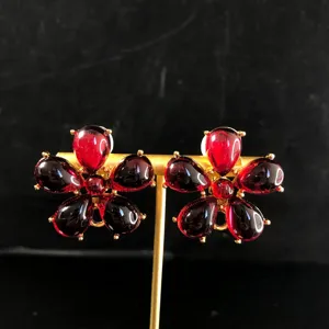 Red teardrop stone flower earrings vintage gold plated floral stud earrings for elegant women