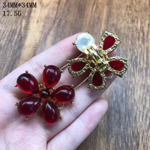 Vintage red resin flower clip earrings, 34x34mm statement floral jewelry for women.
